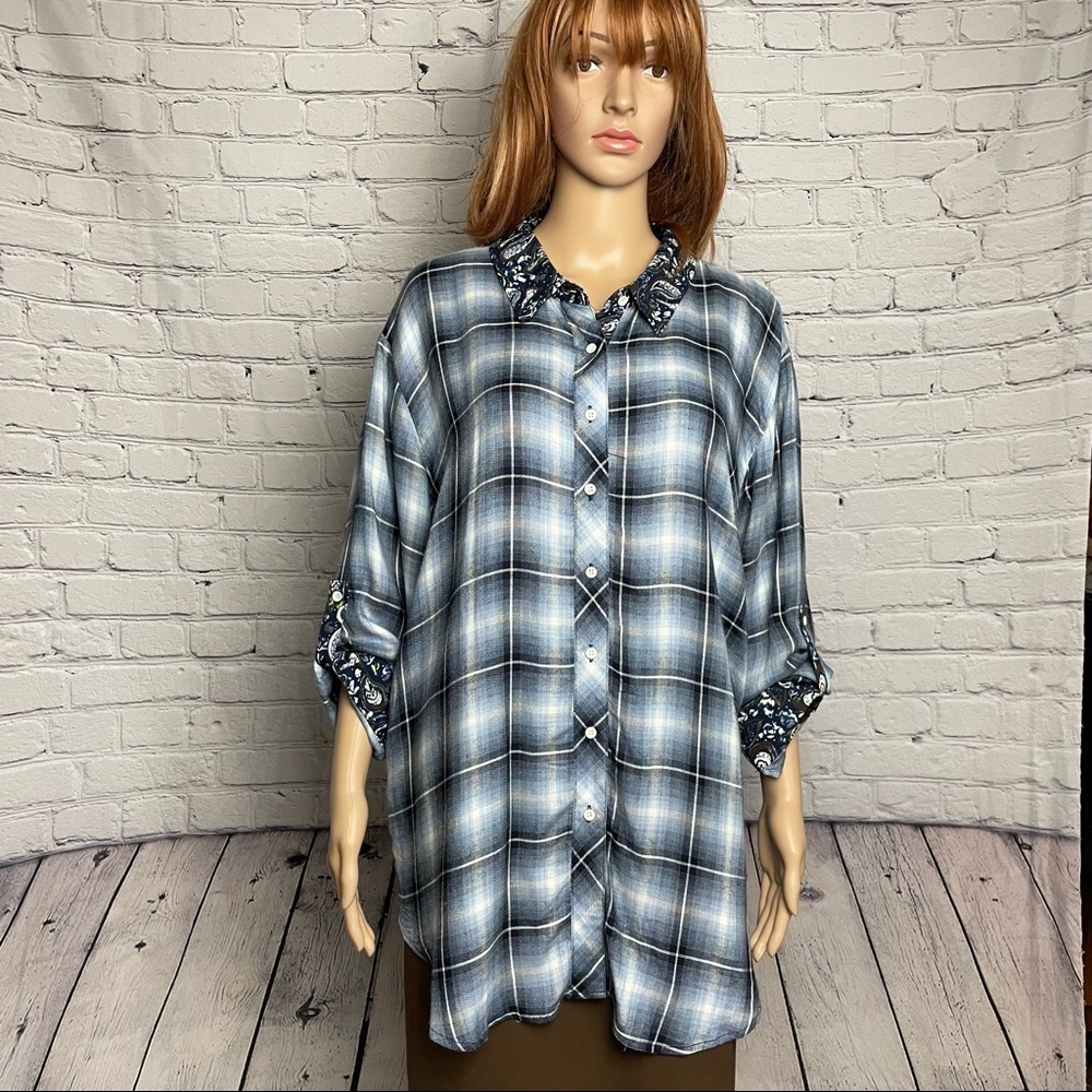 New Simply Noelle Blue Plaid Paisley Mixed Print Top Shirt Size L/XL